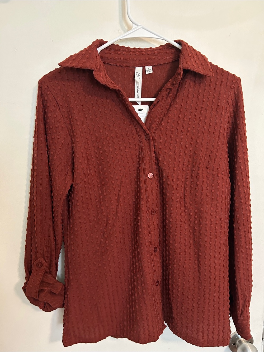 NWT NY Collection Textured Button-Down Shirt - Rust